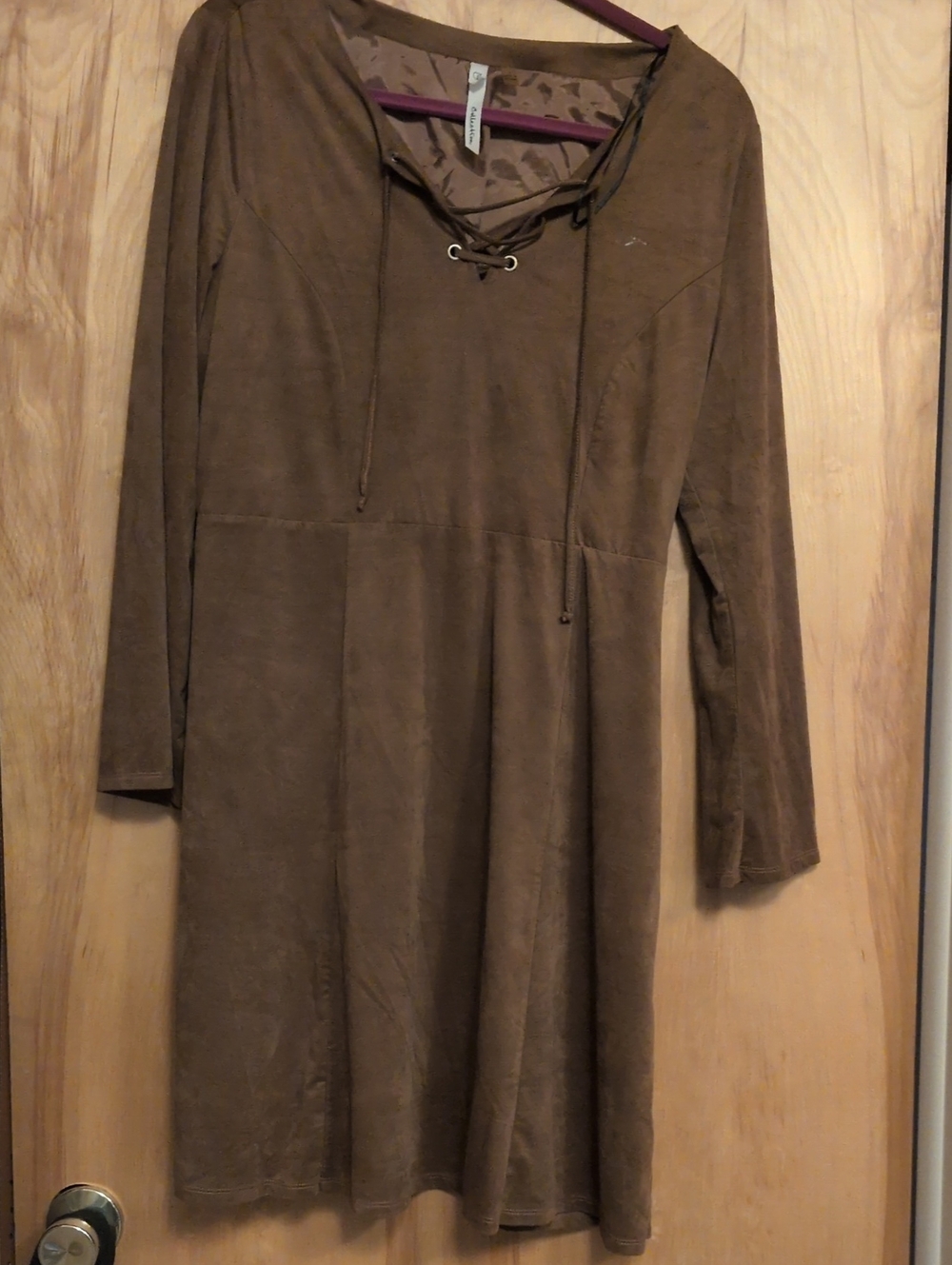 NY Collection Lace-Up Long Sleeve Dress in Brown